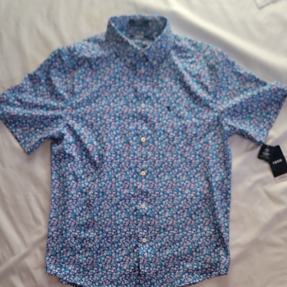 Izod Men's Blue and Pink Floral Button Down Shirt